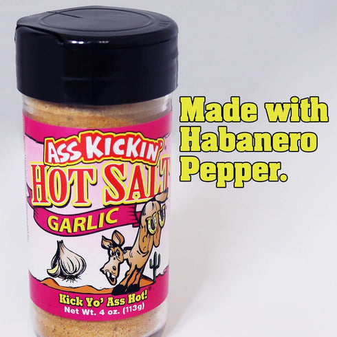 ASS KICKIN' Hot & Spicy Garlic Salt – 4oz. Shaker Jar - Perfect Flavored Salt for Popcorn Seasoning, Margarita Salt and French Fry Seasoning - Pre...