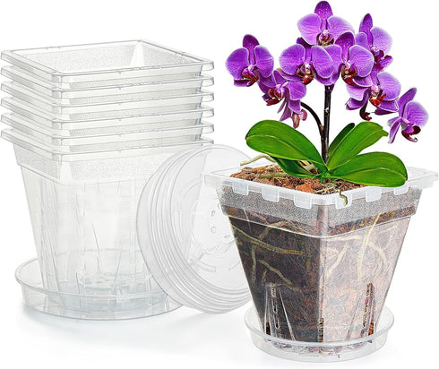 Orchid Pot, 7 Pack 6 Inch Clear Square Plastic Breathable Orchid Pots for Repotting, Plant Potswith Holes and Saucers for Indoor Plants, Spider Pl...