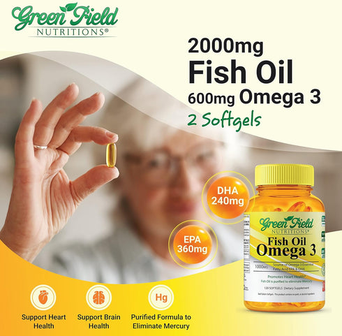 Greenfield Nutritions Halal Fish Oil 1000mg, 300mg Halal Omega 3, Small Wild Peruvian Fish Oil Halal Vitamins, EPA 180mg & DHA 120mg, Non-GMO, Glu...