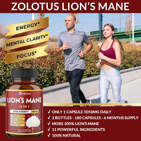 5X Potency 2 Packs 90 Capsules Lions Mane Mushroom Supplement, 5050mg, 6 Month Supply with Cordeyceps, Reishi, Ashwagandha, Focus, Memory and Brai...