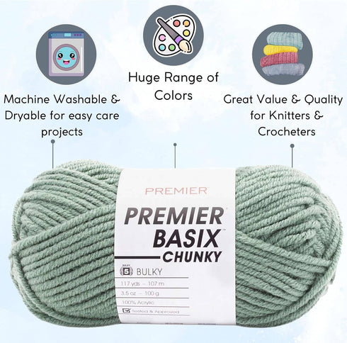 Premier Basix Chunky Knitting Yarn Sage 1145-31 (3-Pack) Same Dye Lot Chunky Bulky #5 Soft 100% Acrylic Bundle with 1 Artsiga Craft Bag...