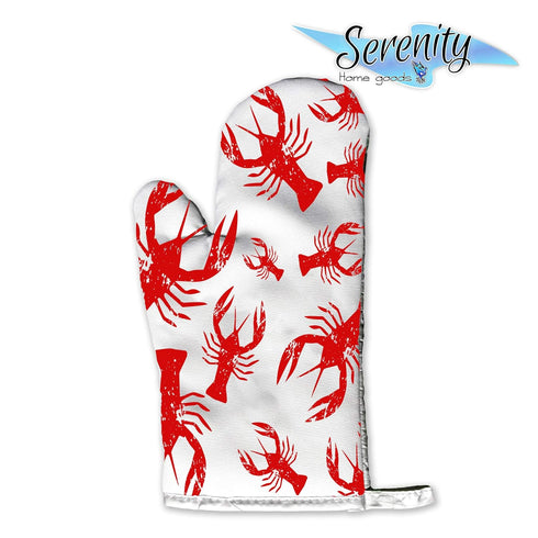 Crawfish Home Decor | Decorative Kitchen Hot Plate Pot Holder Oven Mitt Set | Heads Or Tails | Red White Southern Crawdads Crayfish Bayou Spring S...