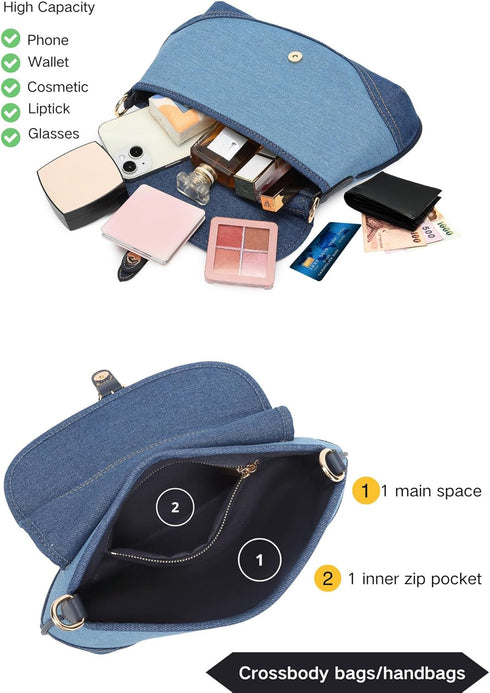Denim Handbag for Women -Girl's Shoulder Bag Elegant Blue Jean CanvasTote Cute Small Chic Clutch with Secure Buckle Closure-2 Straps (Fixed and Ad...