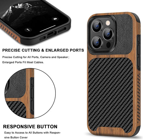 TENDLIN Compatible with iPhone 15 Pro Max Case Wood Grain with Carbon Fiber Texture Design Leather Hybrid Slim Case (Black)......