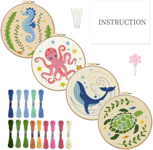 INFUNLY 4 Sets Embroidery Kit for Beginners with Sea Animals Pattern DIY Embroidery Kit for Adults Ocean Embroidery Art Kit Turtles/Seahorses/Octo...