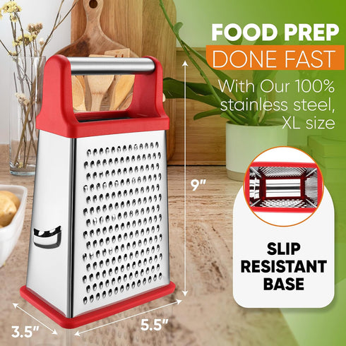 Spring Chef Professional Cheese Grater - Stainless Steel 4 Sided Box Grater for Kitchen, XL Size - Perfect Shredder for Parmesan Cheese, Carrot, P...