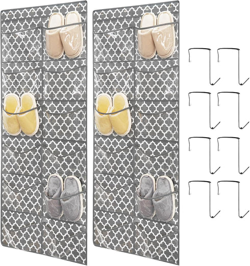 Clear Crystal 2 Pack 12Pockets Large Hanging Shoe Organizer Over The Door Shoe Rack for Closet Door Storage Shoe Holder Hanger, 8Hooks, White (59'...