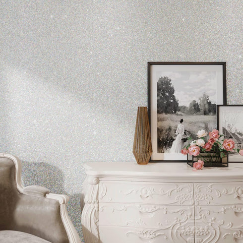Silver Sparkle Contact Paper Glitter Wallpaper Stick and Peel Bedroom Cabinets Drawers 15.75''x80'' Vinyl Self Adhesive Removable Sparkle Wall Pap...