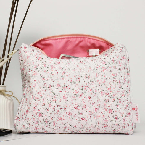 Quilted Cosmetic Bag for Women (Pink Flowers), Cotton Makeup Bag, Kawaii Cosmetic bag, Floral pouch, Floral cosmetic bag, Large Travel Toiletry Ba...
