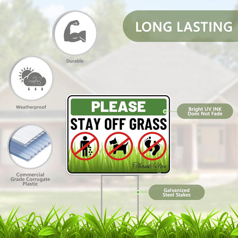 2PC Stay Off Grass Sign with Stake, 17 Inches by 13 Inches - Corrugated Plastic - Keep Off Grass Sign - Dont Walk On Grass Lawn Sign - No Dog Poop...
