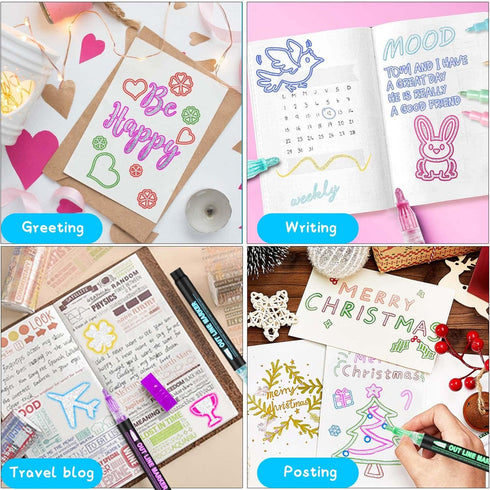 Outline Markers Self-outline Metallic Markers, 12 Colors Double Line Outline Markers, Super Squiggles Shimmer Outline Glitter Pen Set for Christma...