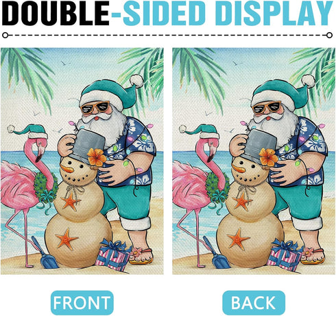 Santa Claus Decorative Garden Flag, Christmas Snowman Flamingo Beach Coastal Yard Outside Home Decoration, July Hawaii Nautical Xmas Summer Holida...