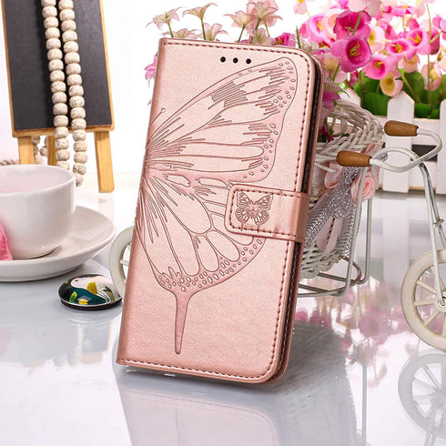 for Galaxy A12 Flip Cover Phone Case Rose Gold | Wallet, Butterfly Floral Embossed, Wrist Strap, Card Holder Slots, Stand, Leather, Protective...
