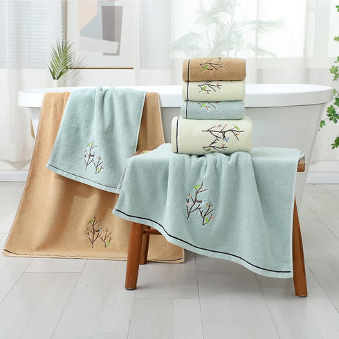 Pidada Hand Towels Set of 2 Embroidered Bird Tree Pattern 100% Cotton Absorbent Soft Decorative Towel for Bathroom (Aqua Green)...