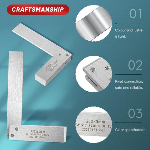 Engineer Square Machinist Square Set Mechanical Steel High Precision Square Woodworking Wide Base Square Tool Wide Sitting Angle Square L-Type Mea...