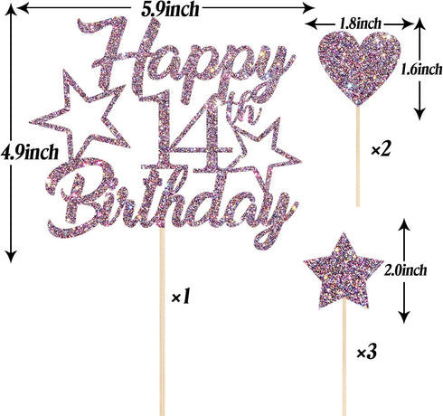 Purple Glitter Happy 14th Birthday Cake Topper with Cupcake Toppers - 14th Birthday Cupcake Decoration, 14th Birthday Cake Decor for Boys or Girls...