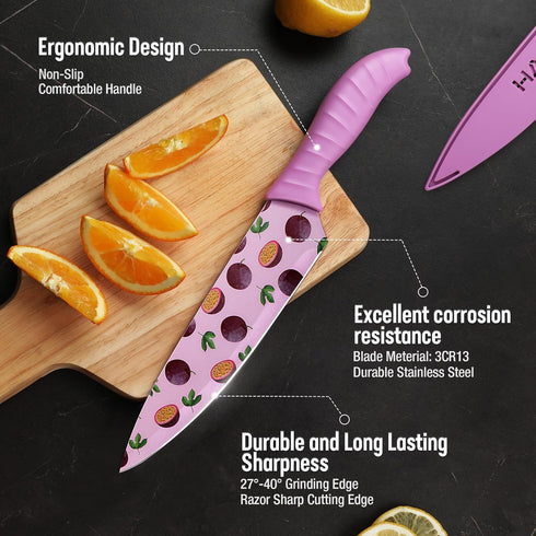 HAUSHOF Kitchen Knife Set, 12-Piece Colorful Knives Set with 6 Sheaths, Non-Stick Coated Stainless Steel Fruit Pattern Blades for Slicing, Dicing&...