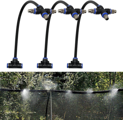 3 Pack 3 Way Brass Misting Nozzles Tee, w/ 13 in Length Built in Hose for Outdoor Watering System, Adjustable 360° Rotation Nozzles, Water Mister ...