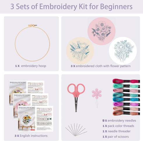 Offizon 3 PCS Embroidery Kit for Beginners - Cross Stitch DIY Craft Set, Flower Embroidery Accessories & Hoop Included, Hand Embroidery Kit for Ad...