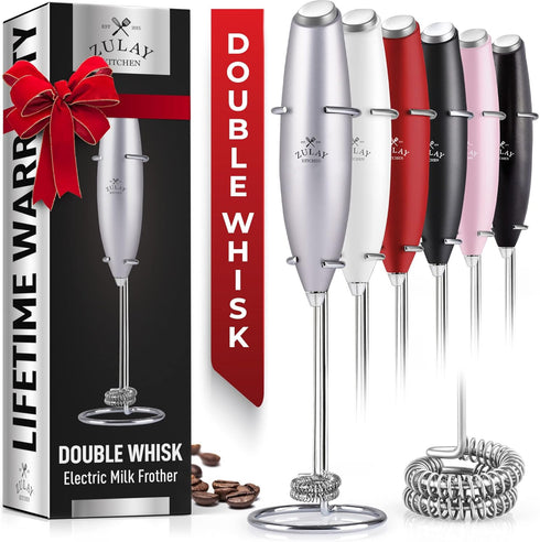 Zulay Kitchen Powerful Double Whisk Milk Frother Handheld - Foam Maker With Stand - Whisk Drink Mixer for Coffee, Mini Foamer for Latte, Matcha, F...