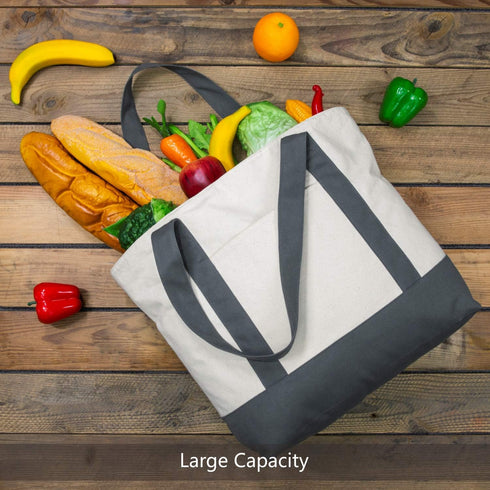 TOPDesign 1-Pack Canvas Tote Bag with an External Pocket, Reusable Grocery Shopping Bag, Top Zipper Closure, Daily Essentials (Grey/Natural)...