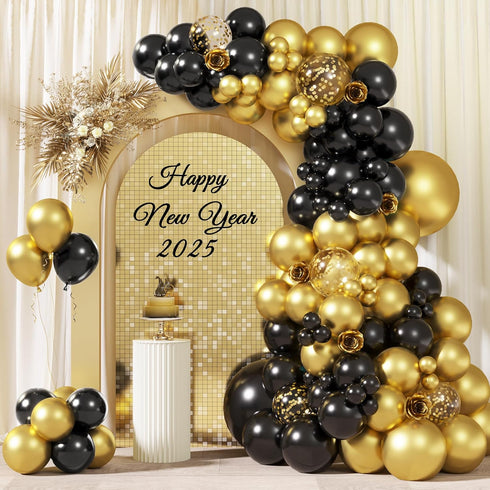 RUBFAC 110pcs Black and Gold Balloons Garland Arch Kit with Black Gold Confetti Balloons for Graduation Birthday Wedding Party Decorations...
