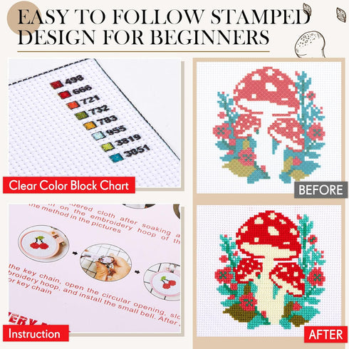 Juexica 6 Pcs Mushroom Cross Stitch Sets Mushroom Embroidery Kit for Beginners with Pattern and Instructions, 2 Embroidery Hoops, 6 Needles, Needl...