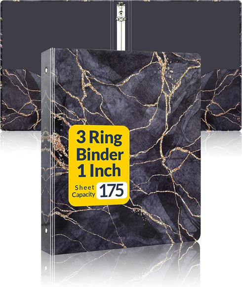 3 Ring Binder 1 Inch, SUNEE Cute Binder with 2 Pockets, Decorative Black Marble Three Ring Binder Heavy Duty (Fit 8.5x11 Inches) for School Suppli...