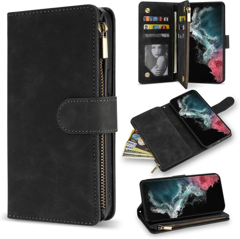 ZZXX for Samsung Galaxy S22 Ultra Case Wallet with Card Slot Premium Soft PU Leather Zipper Flip Folio with Wrist Strap Kickstand Protective Cover...