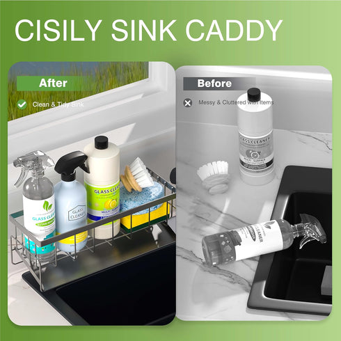 Kitchen Sink Caddy Organizer Sponge Holder for Kitchen Sink with Stainless Steel Auto Drain Tray, Self Drain Dish Soap Sponge Caddy Rack for Kitch...