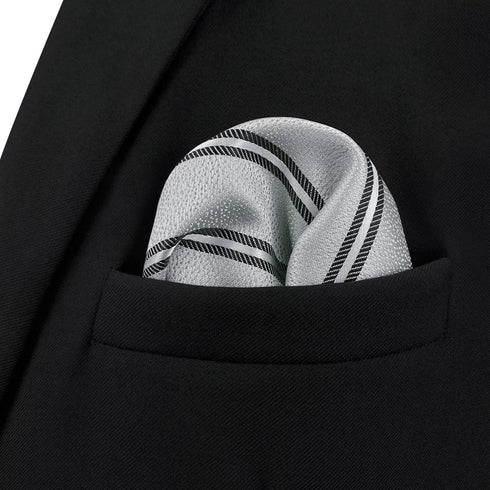 S&W SHLAX&WING Striped Mens Pocket Square Grey with Silver Black Stripes for Suit Jacket...