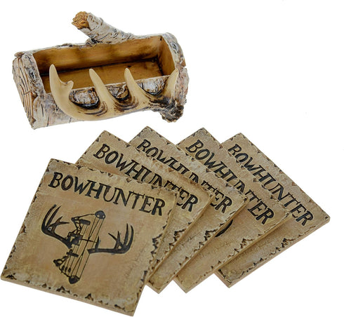 Pine Ridge Home Antler Wood Log Coaster Set with Holder - Bow Hunter Country Absorbent Coaster Decor - Cabin Lodge Home Decor for Hunter Men - Man...
