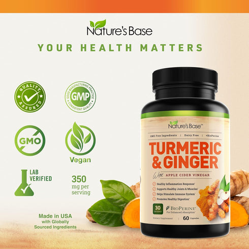 Turmeric and Ginger Supplement - Tumeric Curcumin Joint Support Pills - with Apple Cider Vinegar & BioPerine Black Pepper - 95% Curcuminoids - 60 ...