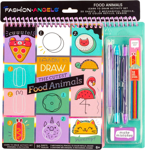Fashion Angels Step-by-Step Learn to Draw Food Animals Portfolio - 30 Sheets, 3 Mechanical Pencils, 12 Color Refills, 1 Eraser - Instructional Kaw...