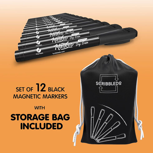 Scribbledo 12 Pack Magnetic Dry Erase Markers Black Fine Tip Whiteboard Markers with Eraser Cap Thin Low Odor Skinny White Board Markers for Adult...