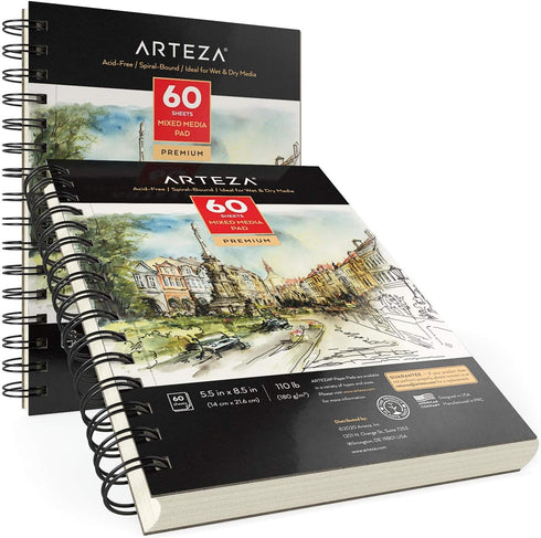 ARTEZA Mixed Media Sketchbook, 5.5 x 8.5 Inches, Pack of 1, 60 Sheets, Micro-Perforated Spiral-Bound Paper Pad for Wet and Dry Media...