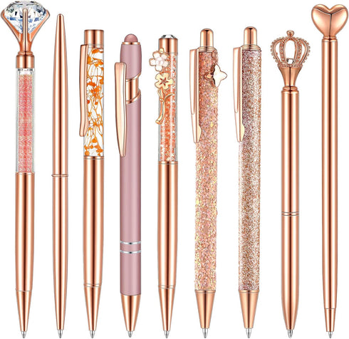 9 Pcs Rose Gold Ballpoint Pens Set with Metal Crystal Diamond Design for Women - Fancy Pens for Journaling, Writing, Gifts...