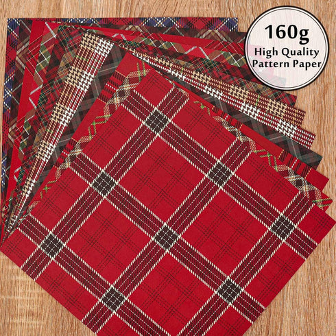 Whaline 24 Pack Christmas Pattern Paper 30x30cm Red Scottish Plaid Scrapbook Paper 12 Designs Double-Sided Xmas Craft Paper Folded Flat for DIY Ca...