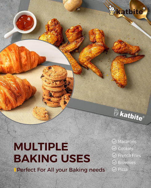 Silicone Baking Mat, Katbite Large Baking Mat Set of 3-2 Half Sheets Mats (11 5/8" x 16 1/2") + 1 Quarter Baking Sheets, Reusable & Nonstick Bakew...