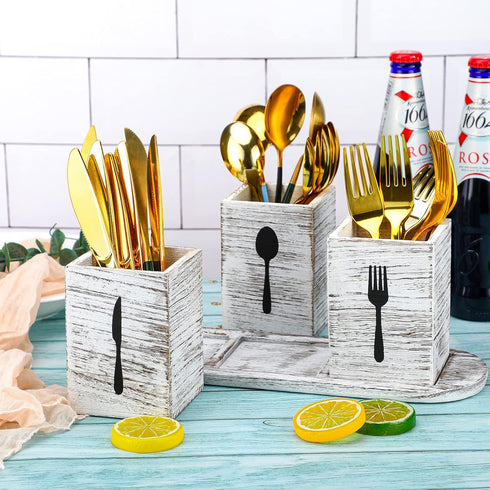 Kathfly 4 Pcs Silverware Caddy Utensil Holder for Countertop Silverware Organizer with Wood Tray Spoon Fork Holder for Kitchen Parties(Retro White...