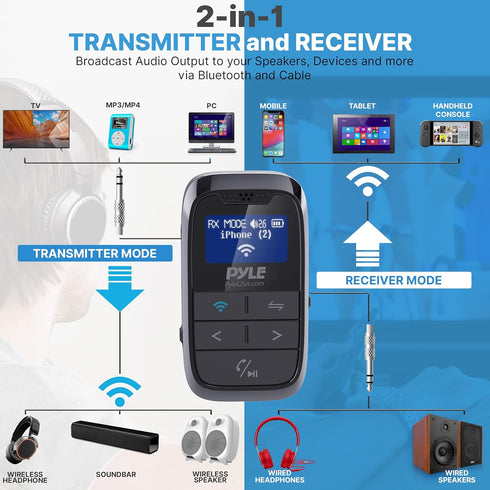 PyleUsa Wireless Bluetooth Streaming Transmitter Receiver - 2-in-1 Audio Adapter for Home Appliances, Car, and Other Uses LCD Display, and AUX Aud...