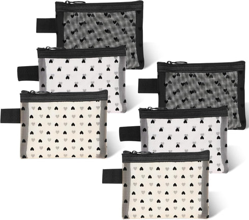 Small Mesh Zipper Pouches, 6 Pack Heart Print Mesh Makeup Bags, Mesh Cosmetic Bags Storage Pouch for Women, Makeup Lipstick Cosmetic Accessories O...