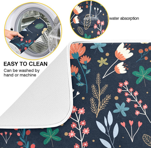 Dish Drying Mat for Kitchen Counter Colorful Flowers Black Absorbent Drying Matt for Dishes Sink Countertop 16'' x 18''...