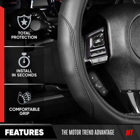Motor Trend Stealth D-Shaped Steering Wheel Cover - Premium Flat Bottom Car Steering Wheel Cover, Black Faux Leather Sterring Wheel Cover, Standar...