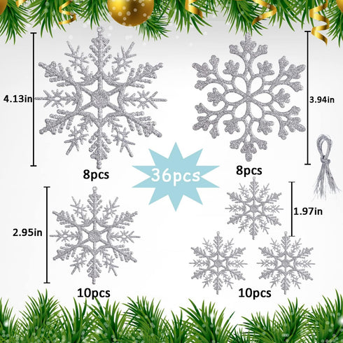 36 Pack Silver Snowflake Ornaments Plastic Glitter Snow Flakes Ornaments for Winter Christmas Tree Decorations Size Varies Craft Snowflakes...
