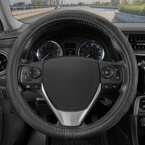 Motor Trend GripDrive Faux Black Leather Steering Wheel Cover for Car Truck Van SUV, Standard 15 inch Size, Solid Black Stitched Car Steering Whee...