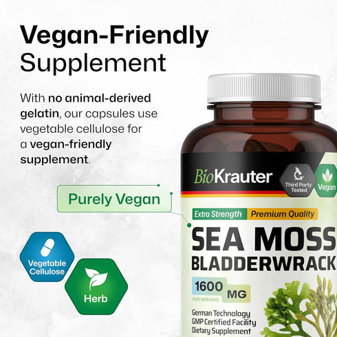 BIO KRAUTER Irish Sea Moss Capsules 1600 mg - 250 Count - Vegan Bladderwrack with Chondrus Crispus Sea Moss Supplement...