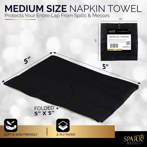 100 Pack Black Beverage Napkins, Big Party Pack, 2 Ply, Ideal for Wedding, Party, Birthday, Dinner, Lunch, Cocktails. (5” x 5”) by Amcrate...