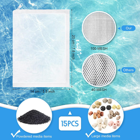 Geiserailie 15 Pieces Aquarium Filter Media Bags 150 ?m Fine Filter Bags Mesh Reusable Bags with Zipper for Activated Carbon Resins Filter (Nylon,...