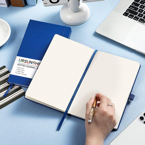 Dotted Journal/Notebook - Dot Grid Hard Cover Notebook, Premium Thick Paper with Fine Inner Pocket, Black Smooth Faux Leather, Pen Loop, 5.3'' x 8...